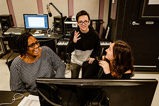 Musical-theater students discussing the play