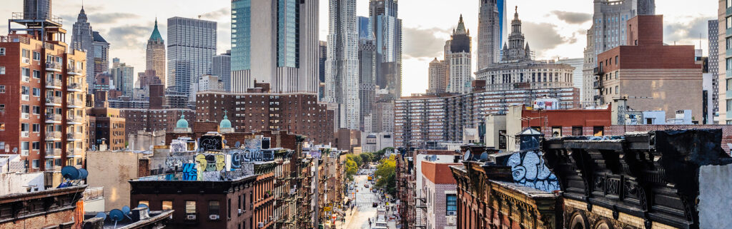 A view across Manhattan rooftops and skyline.