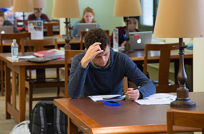 Students studying together on campus.